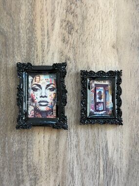 Black Miniature Ornate Picture Frames with Original Pop Art 1:12 Scale -Set of 2